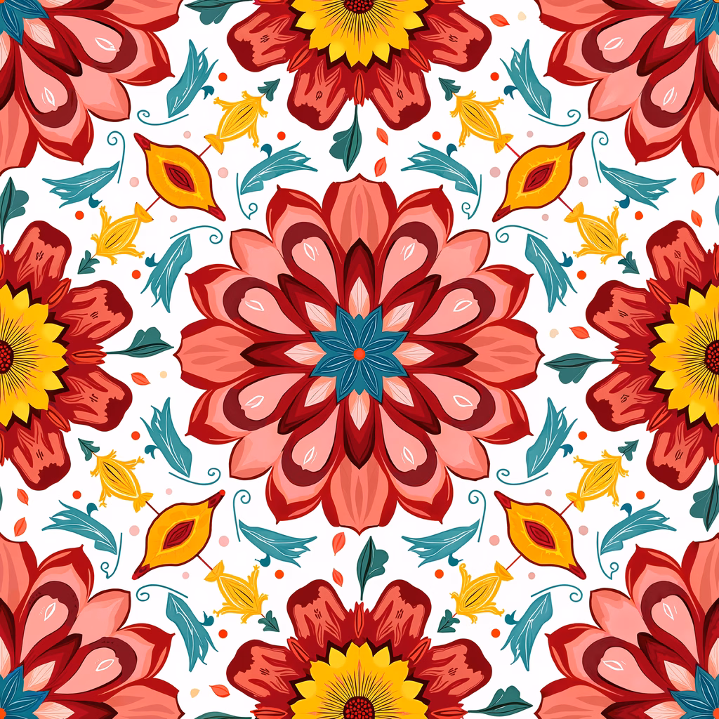 Vibrant floral illustration with warm tones and intricate details.
