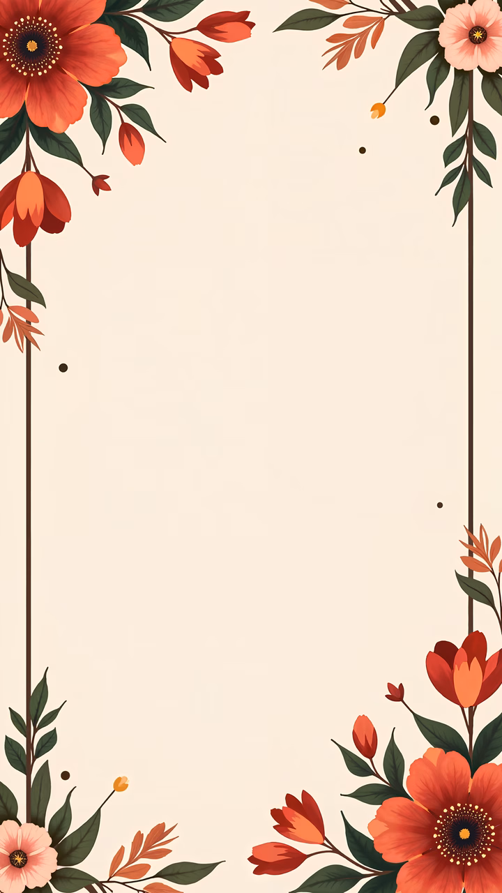 Symmetrical floral frame with vibrant red and orange tones on a beige background.