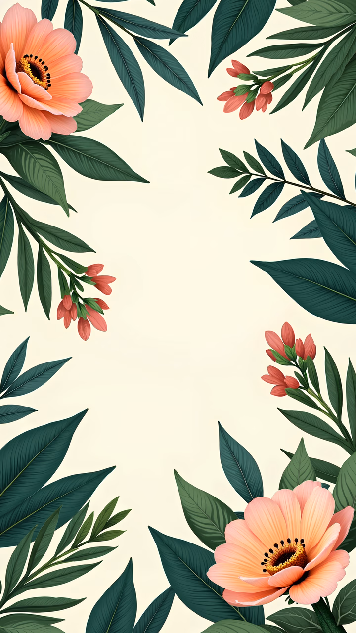 Delicate floral frame with vibrant pink flowers and lush green leaves on a soft beige background.