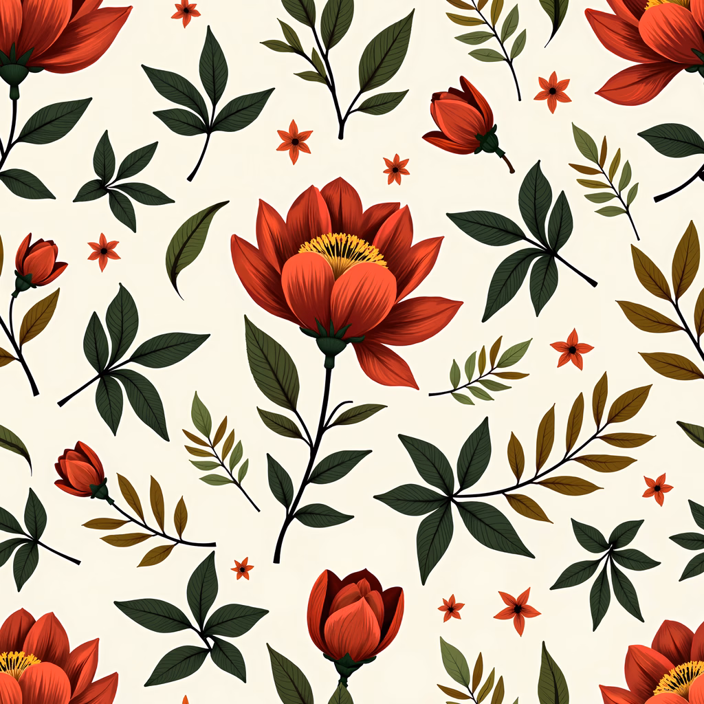 Vibrant floral illustration with bold red flowers and green leaves.