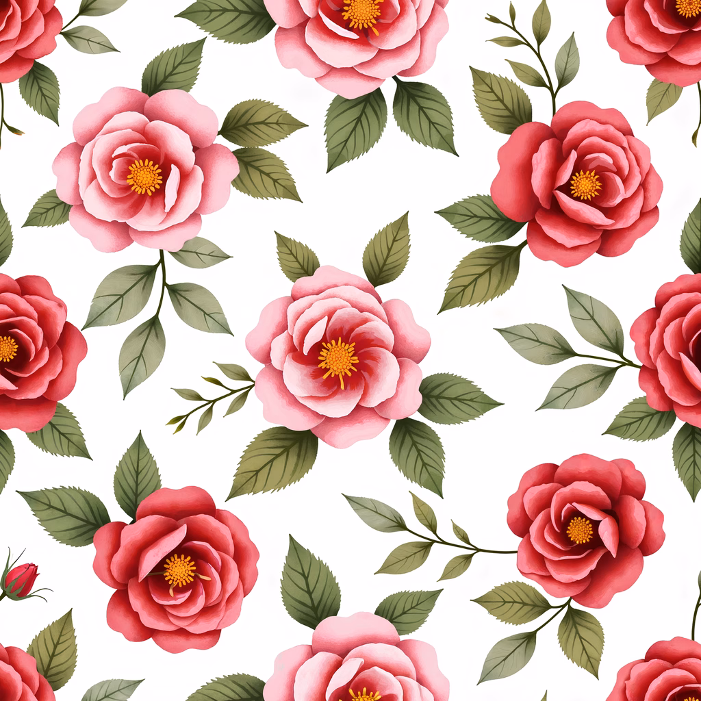 Vibrant floral pattern with roses and green leaves
