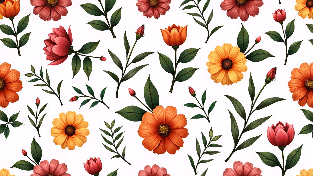 Vibrant floral illustration with warm colors and detailed petals.