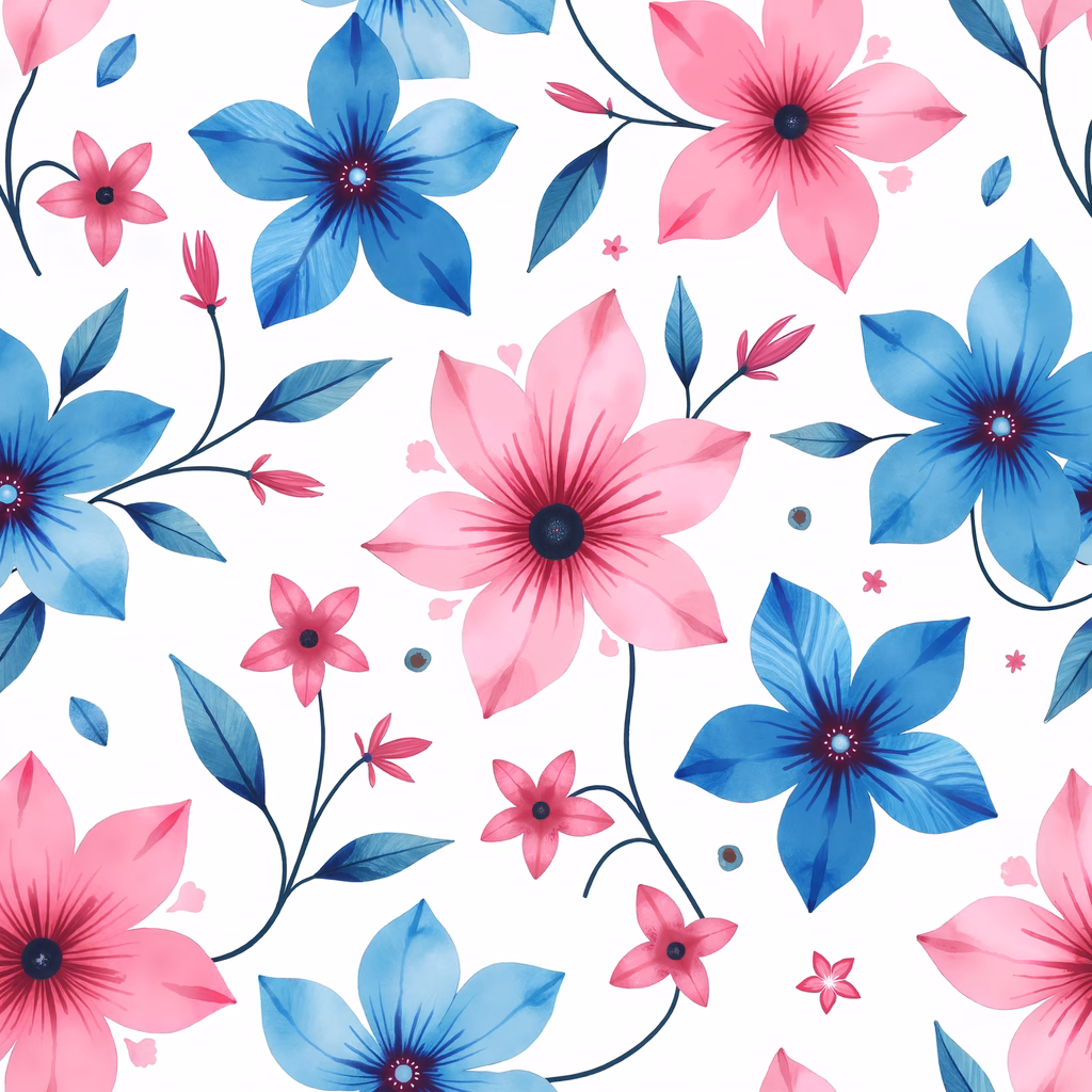 Vibrant floral illustration with pink and blue tones on a white background.