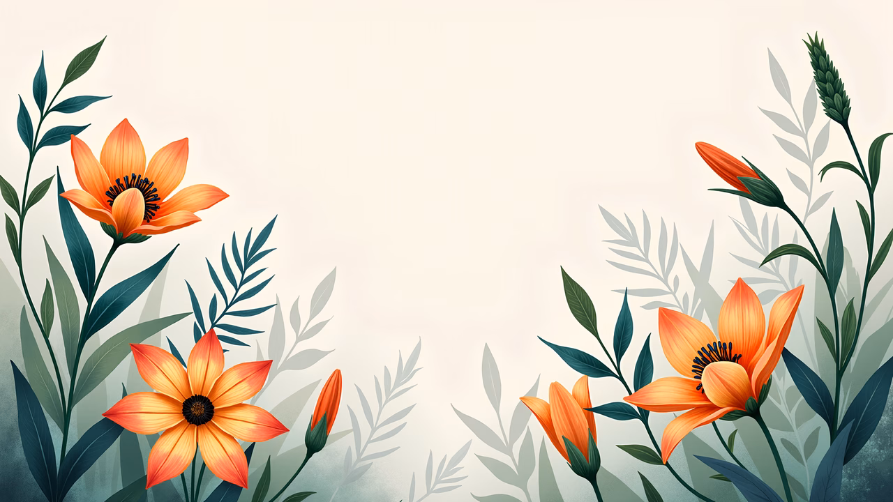 Vibrant floral illustration with bold oranges and lush greens on a soft beige background.