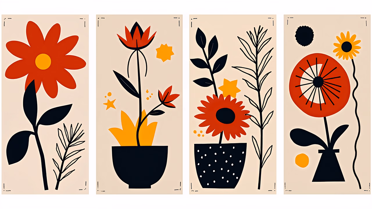 Bold geometric floral illustrations with vibrant colors and modern design.