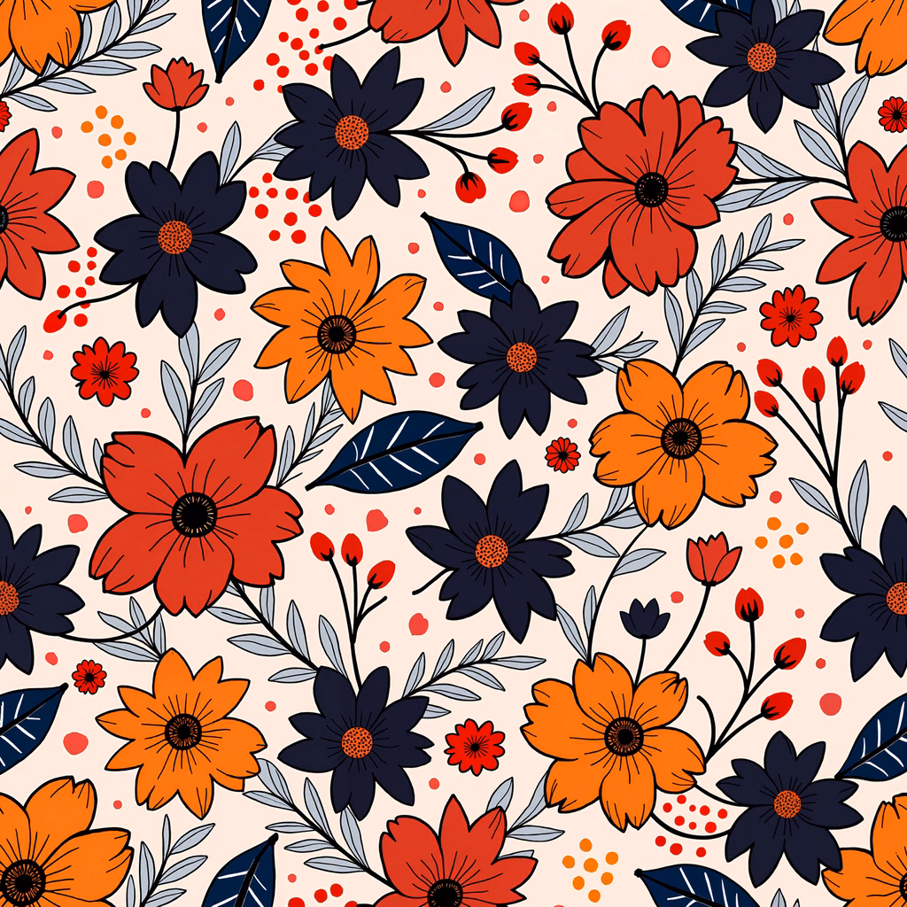Vibrant floral illustration with bold colors and playful dots.
