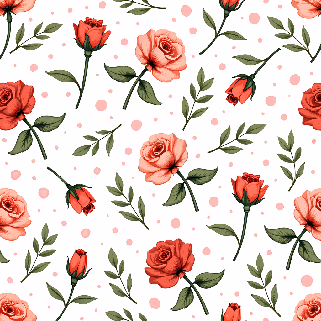 Vibrant floral pattern with red roses and green leaves on a white background with pink dots.