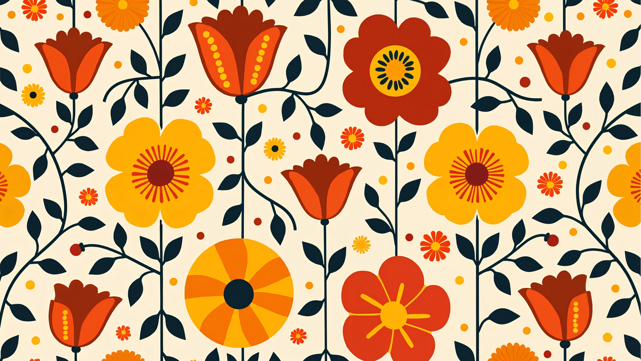 Vibrant floral pattern with warm colors and detailed petals on a cream background.