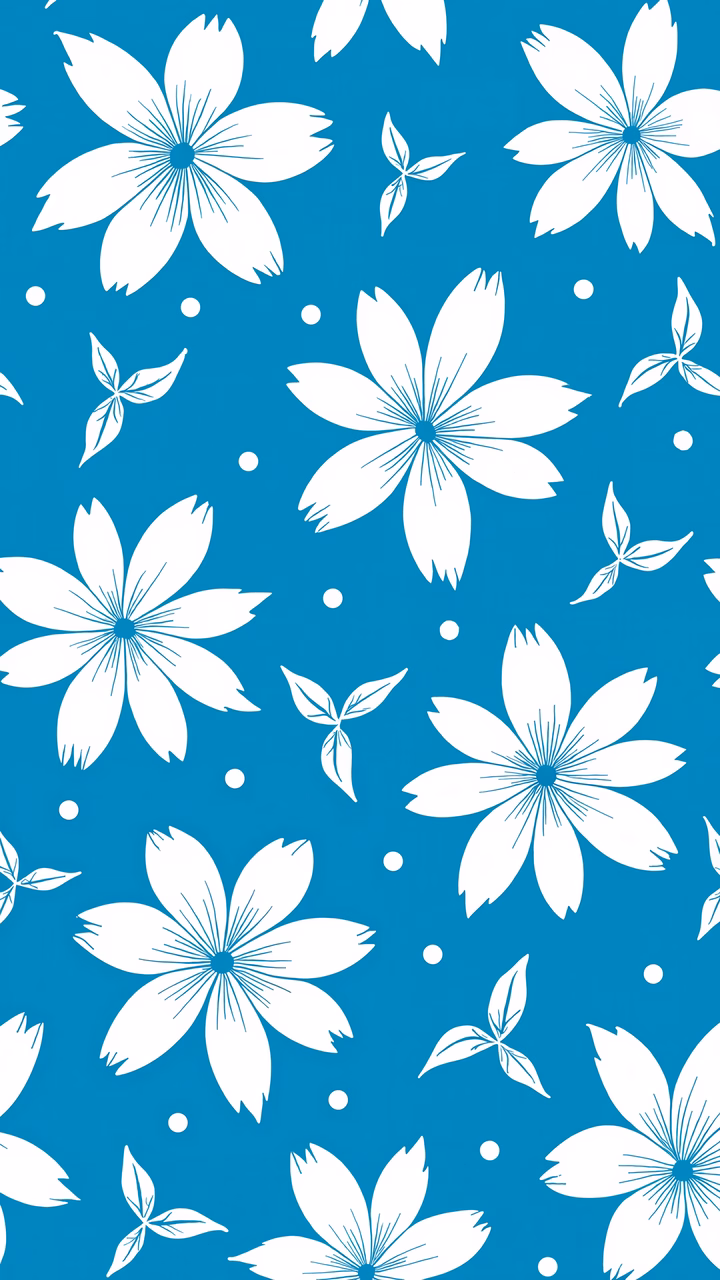 Elegant floral pattern on a blue background with white dots, perfect for wallpaper or design elements.
