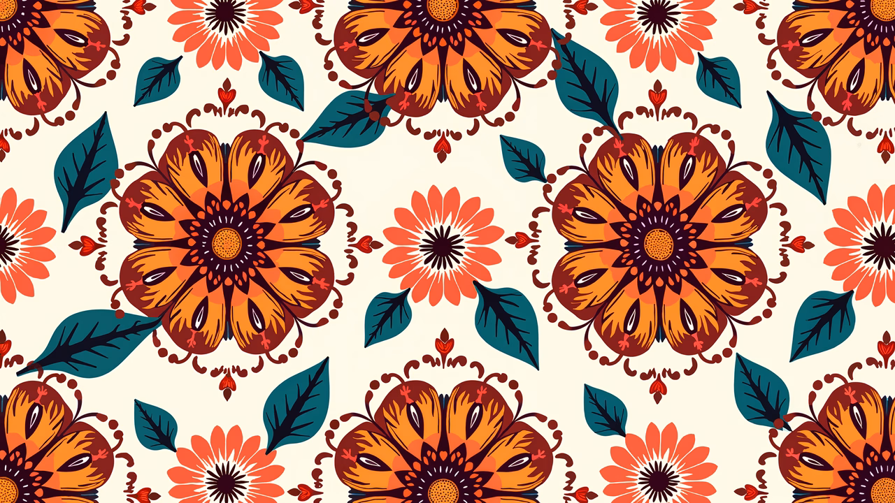 Vibrant floral pattern with warm tones and intricate details.