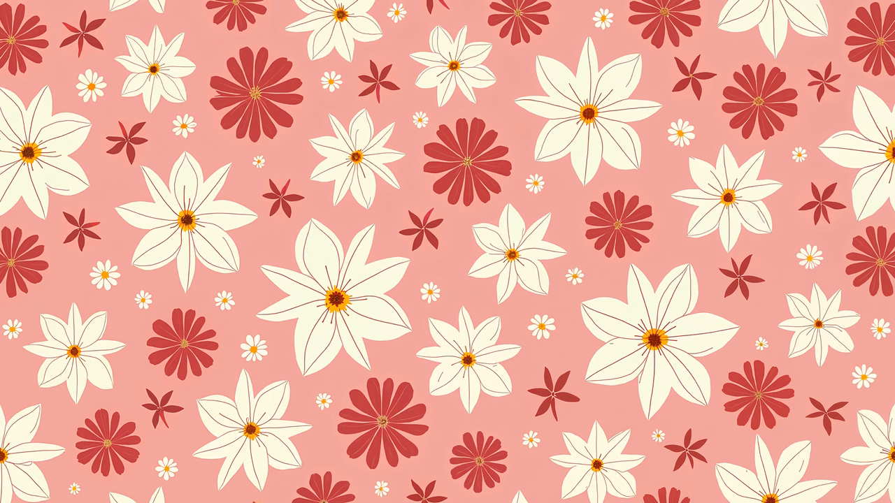 Vibrant floral pattern with white and red flowers on a pink background.