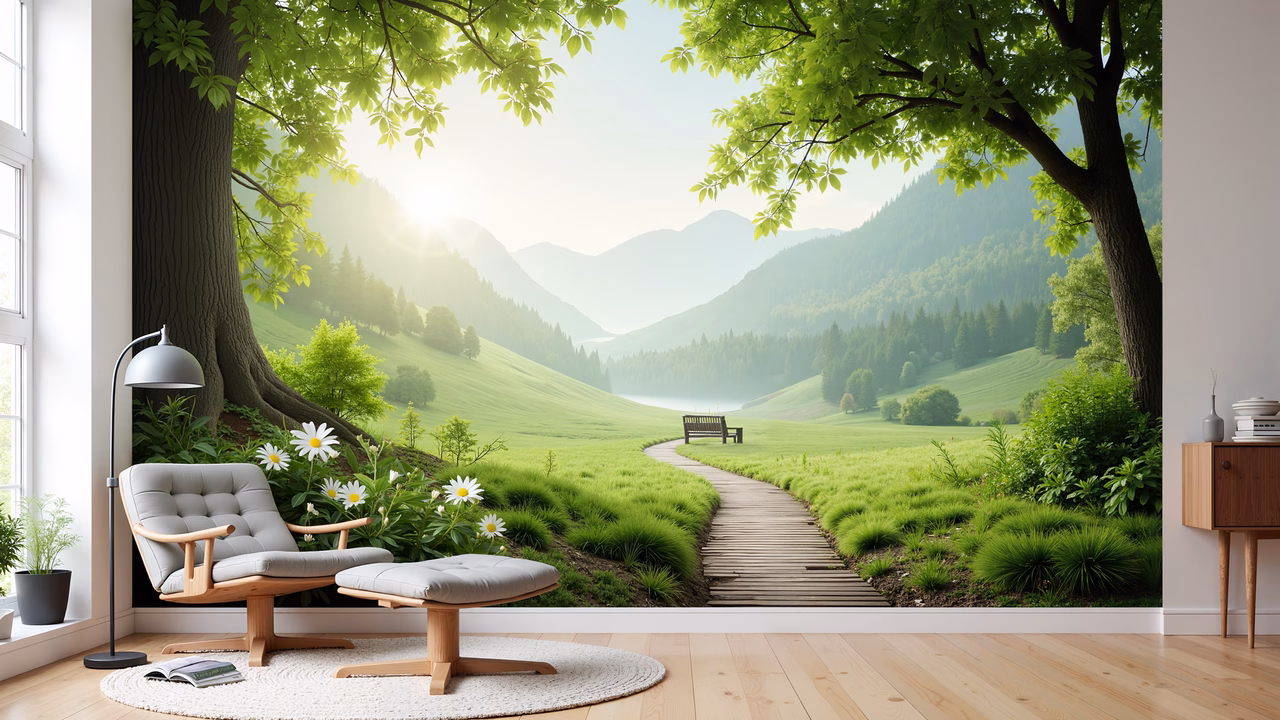 A peaceful forest path surrounded by lush greenery and distant mountains, inviting viewers to explore its tranquil beauty.