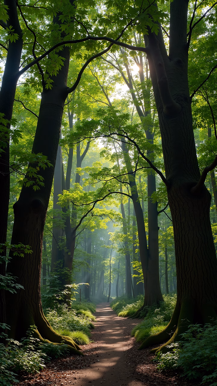 A peaceful forest pathway bathed in natural light, inviting exploration.