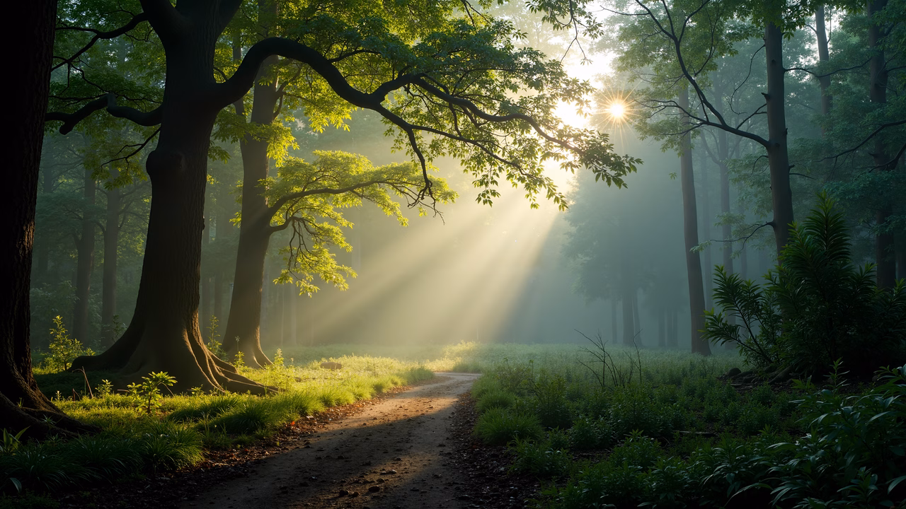 Golden sunlight illuminates a peaceful forest pathway, inviting exploration.