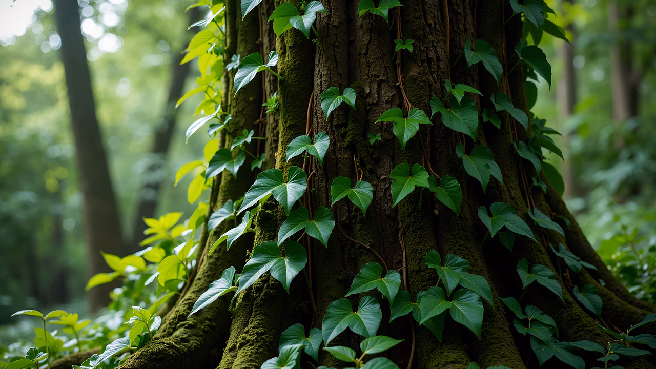 A close-up of a moss-covered tree trunk adorned with lush green ivy leaves, bathed in soft natural light.