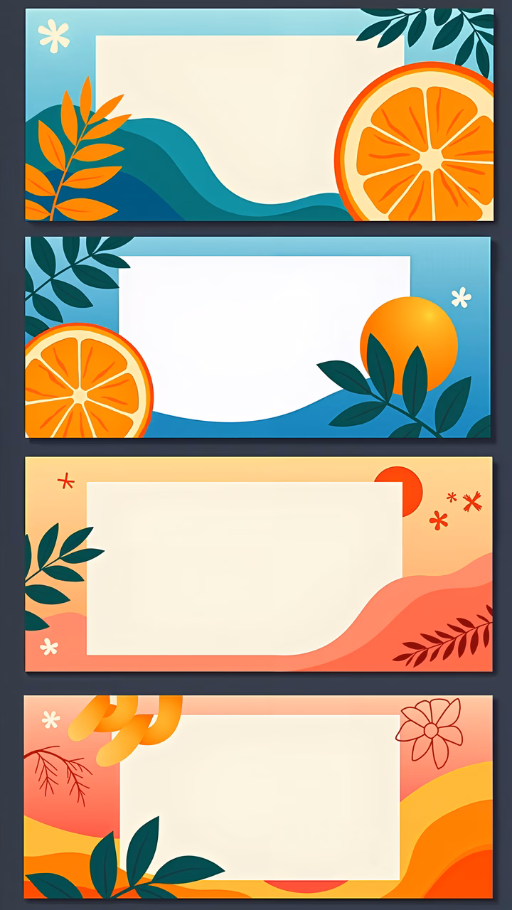 Vibrant fruit banners with playful design and bold colors for advertising or decoration.