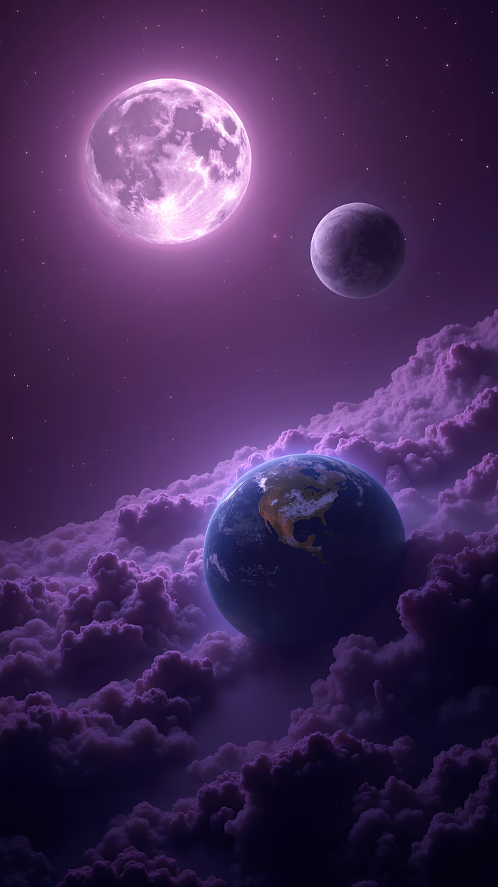 A mesmerizing cosmic scene with Earth, moon, and planets in a purple sky.