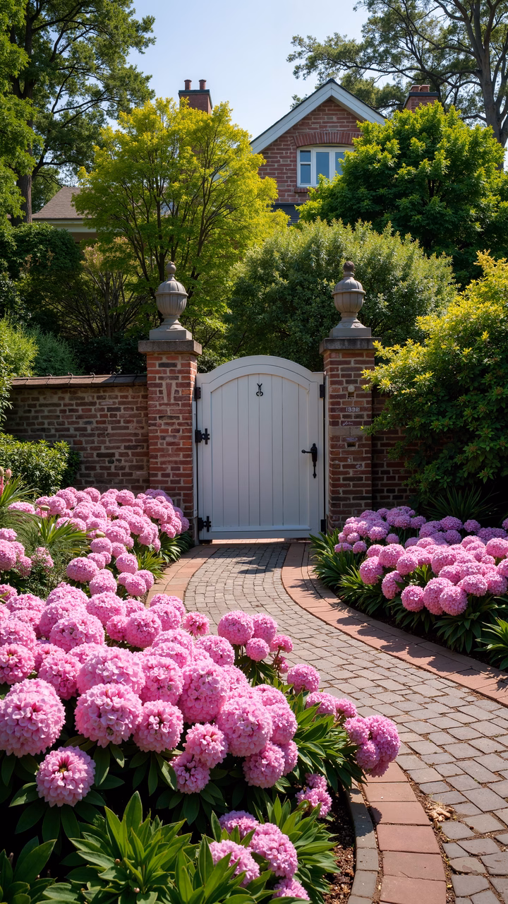 A charming garden path with pink flowers and a white gate surrounded by greenery.