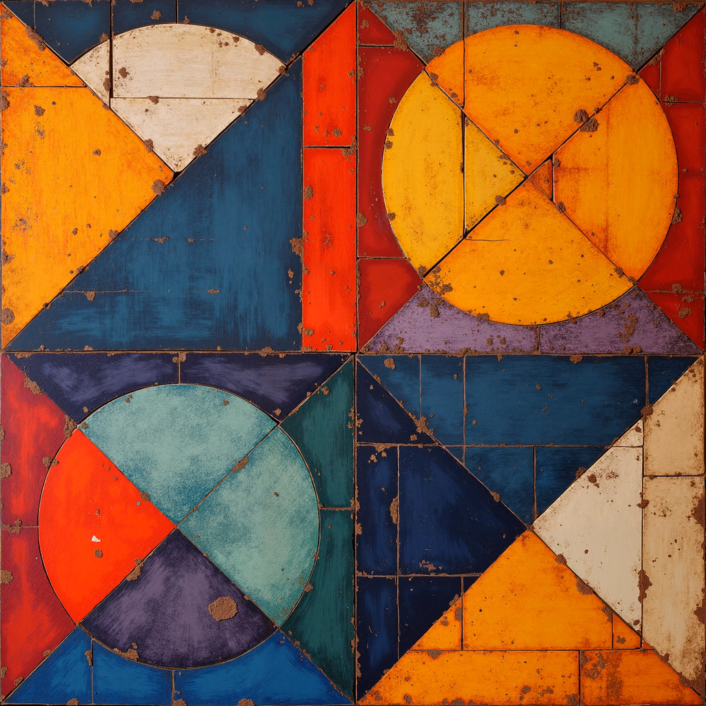 Bold geometric abstraction with rich colors and textured surface.