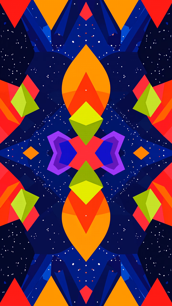 Symmetrical geometric shapes in primary colors on a dark, starry background.