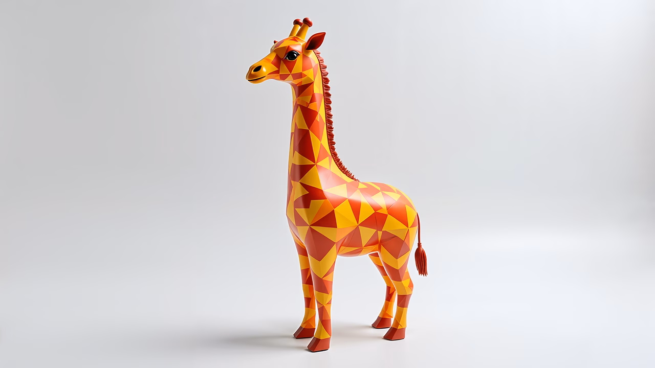 Vibrant geometric giraffe illustration with bold primary colors and clean lines.