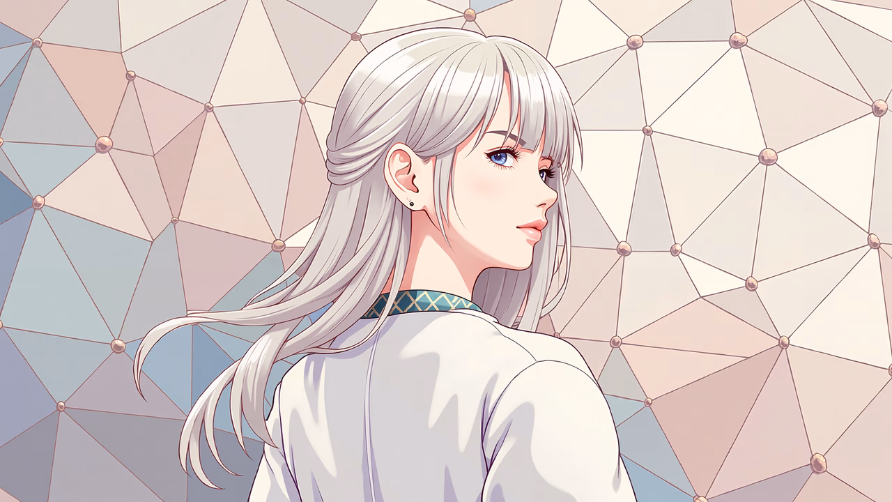 Soft pastel geometric patterns and minimalist character design.