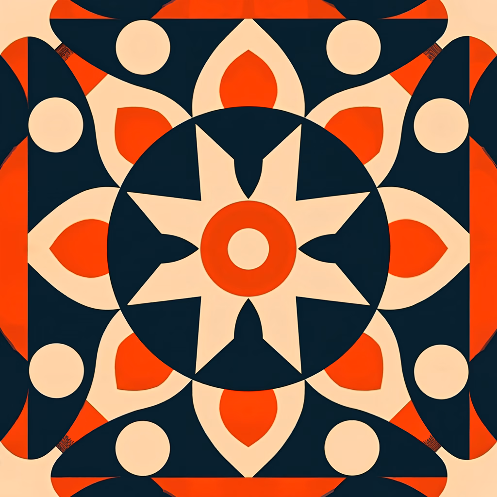 Symmetrical geometric mandala with bold reds and white/black contrasts.