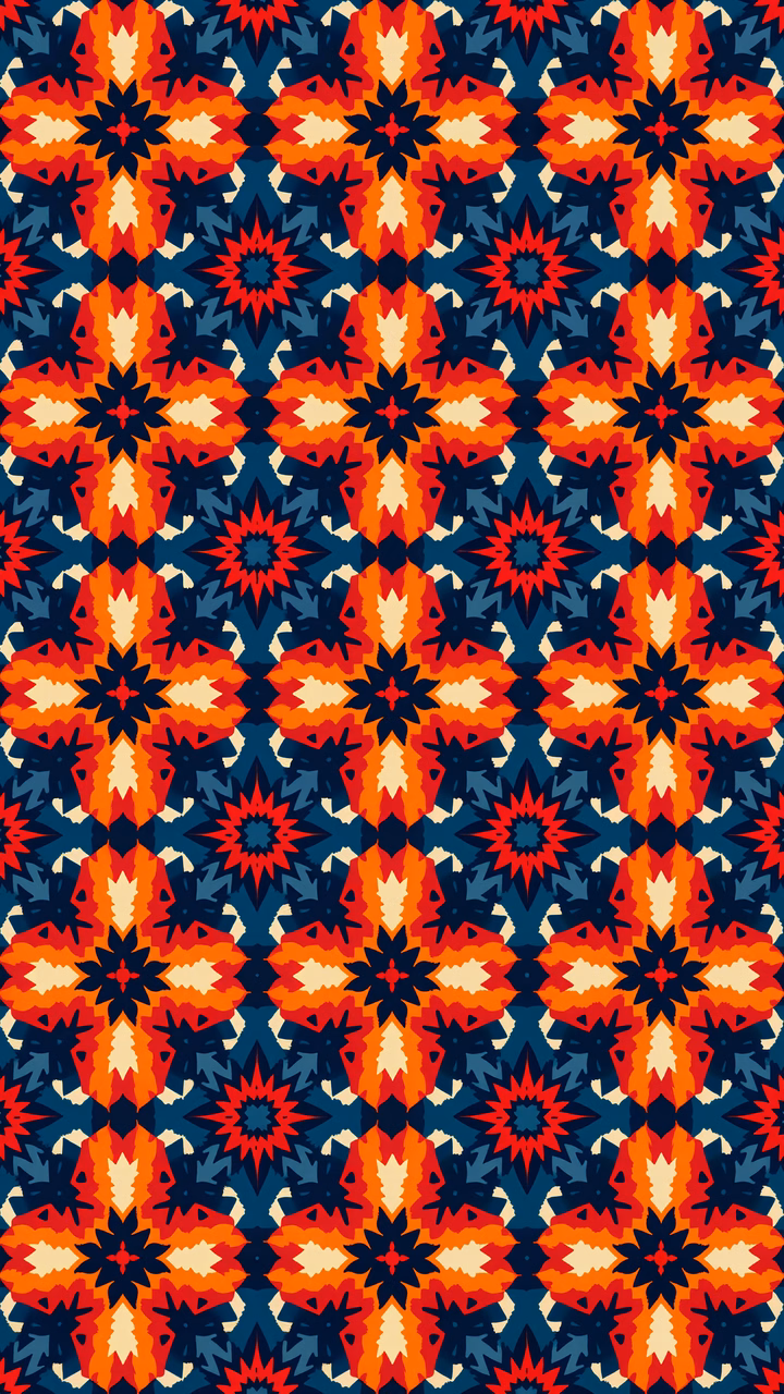 Vibrant geometric pattern with bold colors and precise designs.