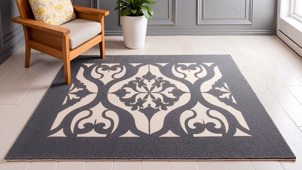 Elegant geometric rug design with intricate patterns in shades of gray and white, enhancing a minimalist interior.