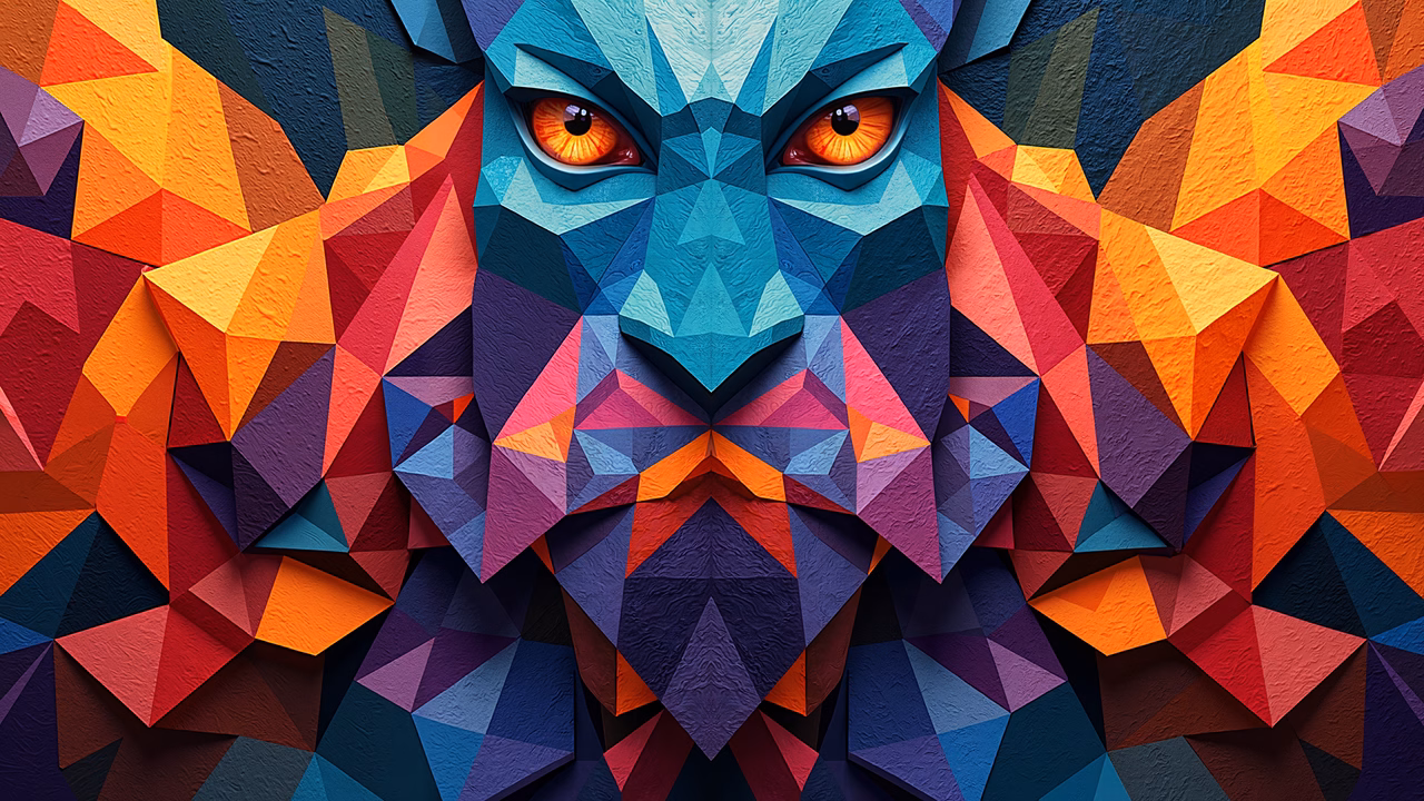 Geometric wolf illustration with intense orange eyes and bold colors.