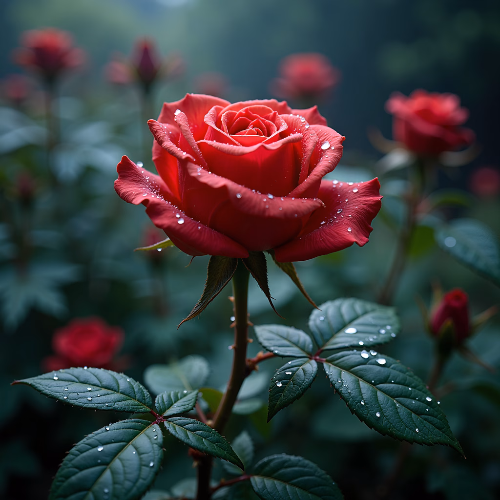 Close-up of dew-drenched red rose in a lush garden setting.