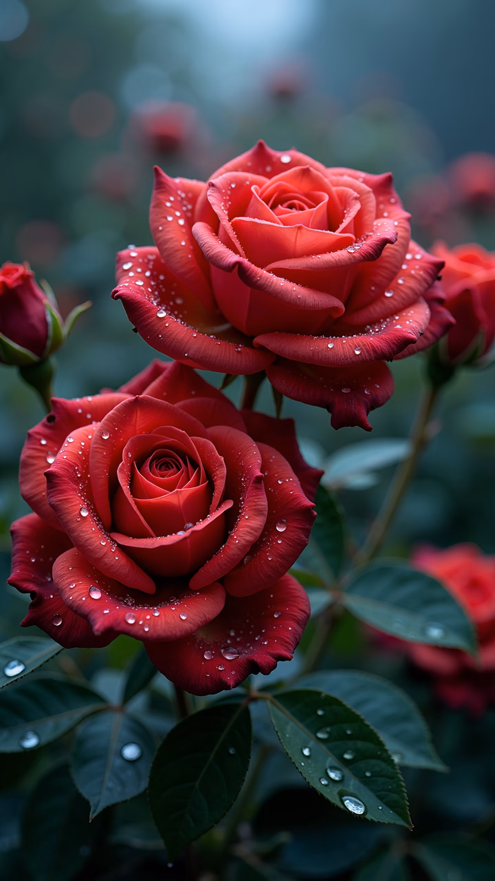 Close-up of dew-covered red roses in a lush garden setting.