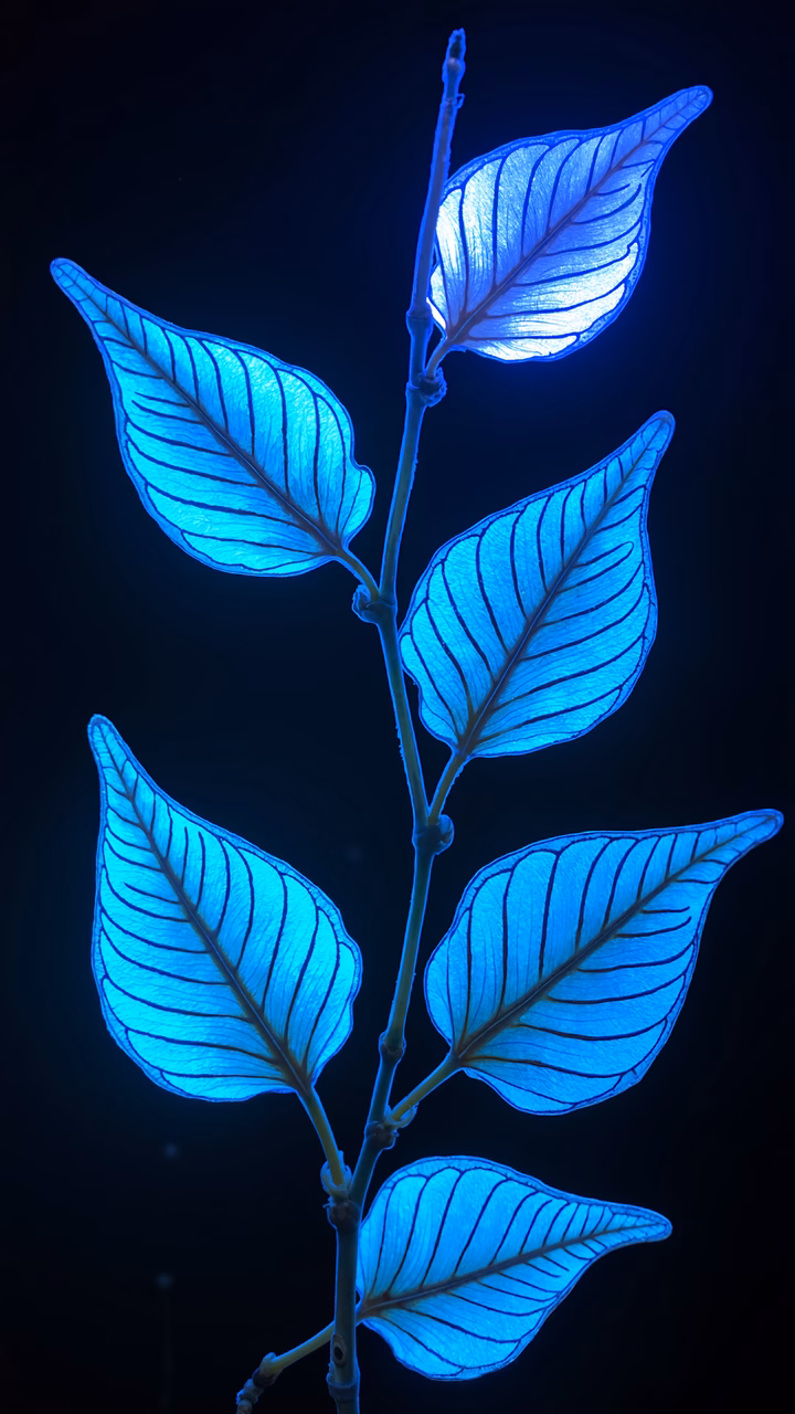 Enchanting glowing blue leaves on a dark background.