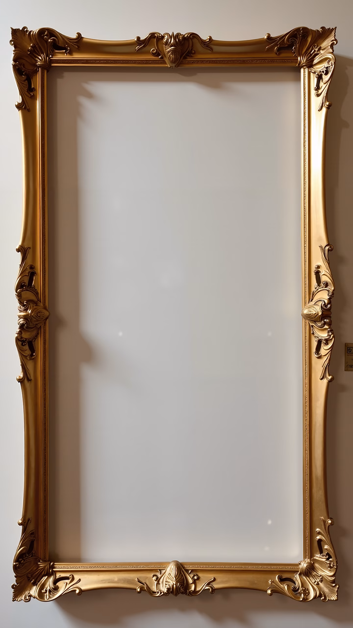Luxurious gold ornate frame with intricate carvings and reflective surface.