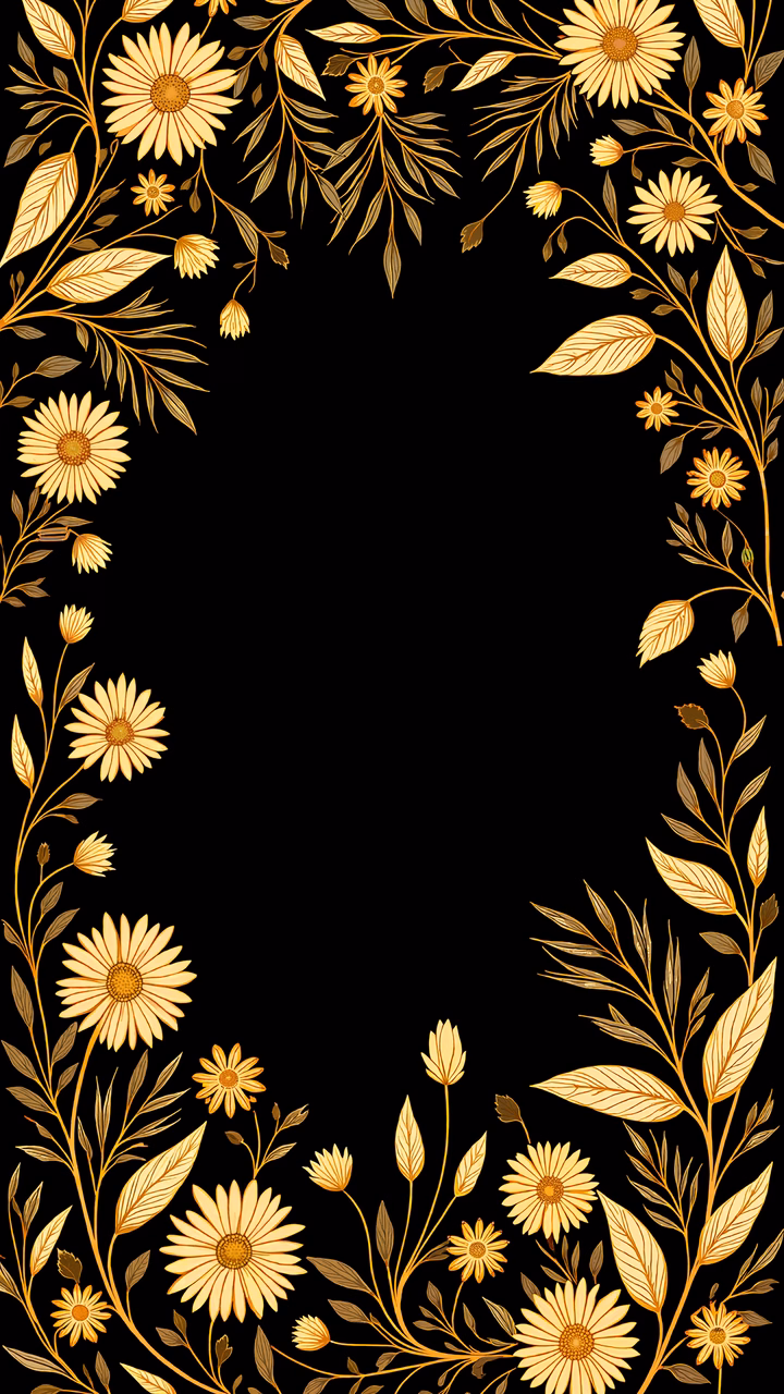 Golden floral frame on a black background, elegant and sophisticated.