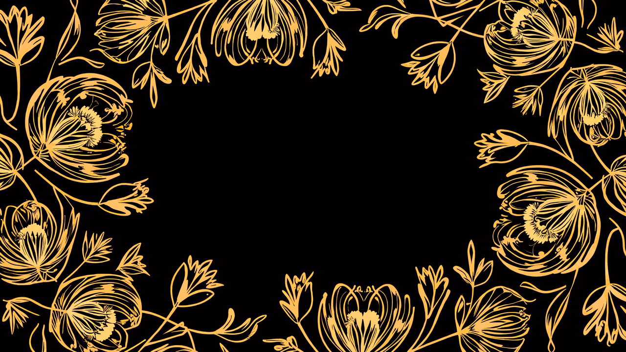 Symmetrical golden floral frame on a black background, elegant and sophisticated design.