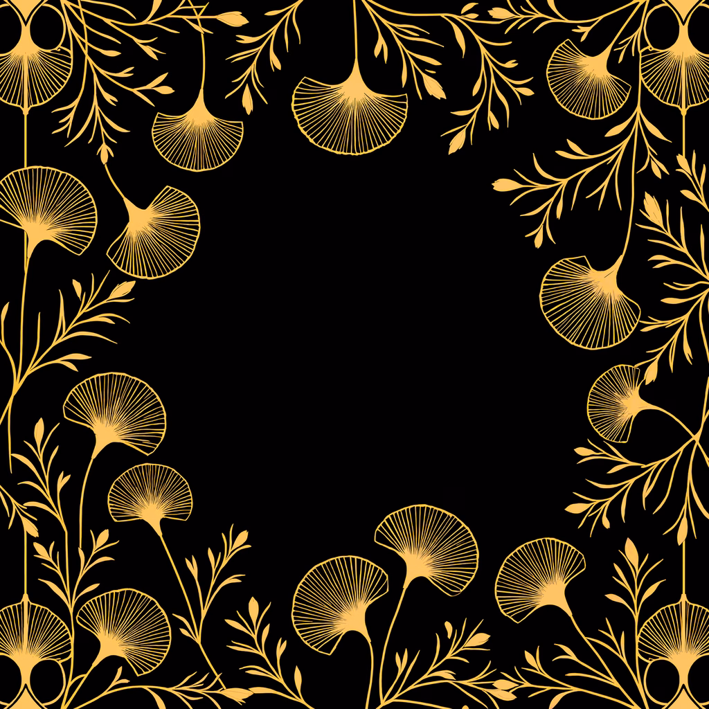 Golden ginkgo leaves on a black background, elegant and luxurious.