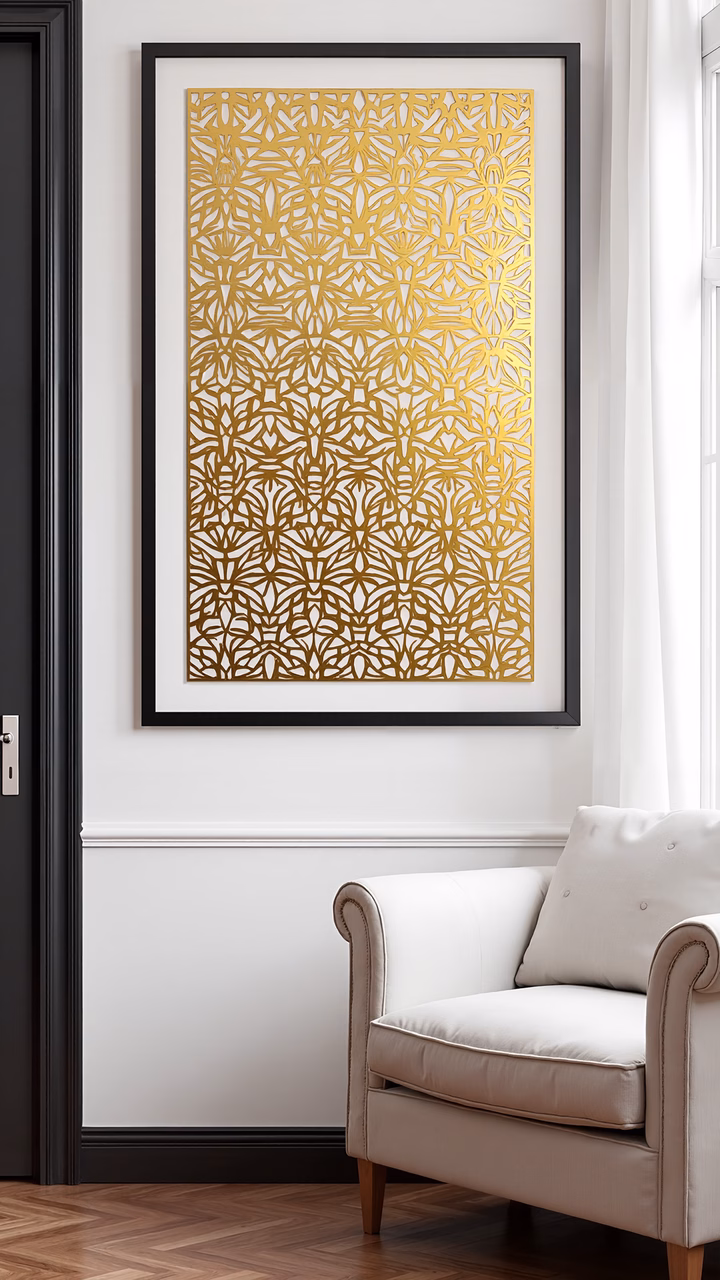 Luxurious golden geometric pattern on white background, modern elegance.