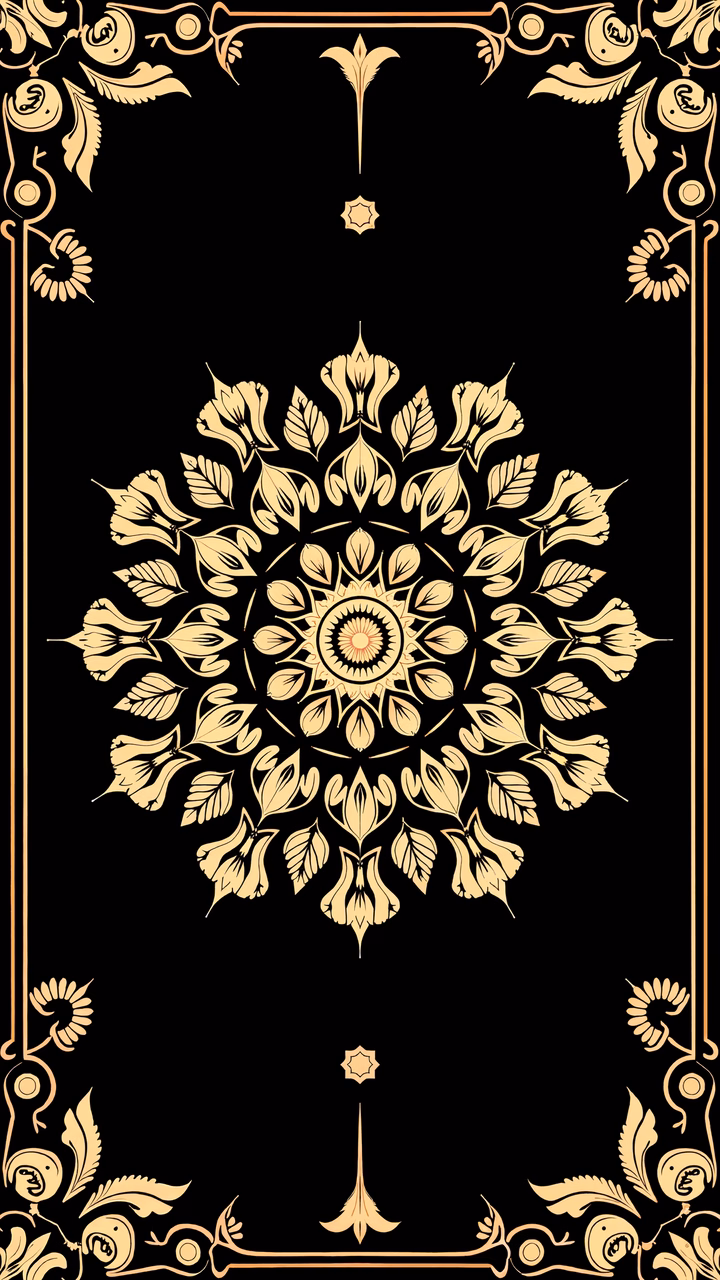 Elegant golden mandala on black background, intricate design, artistic beauty