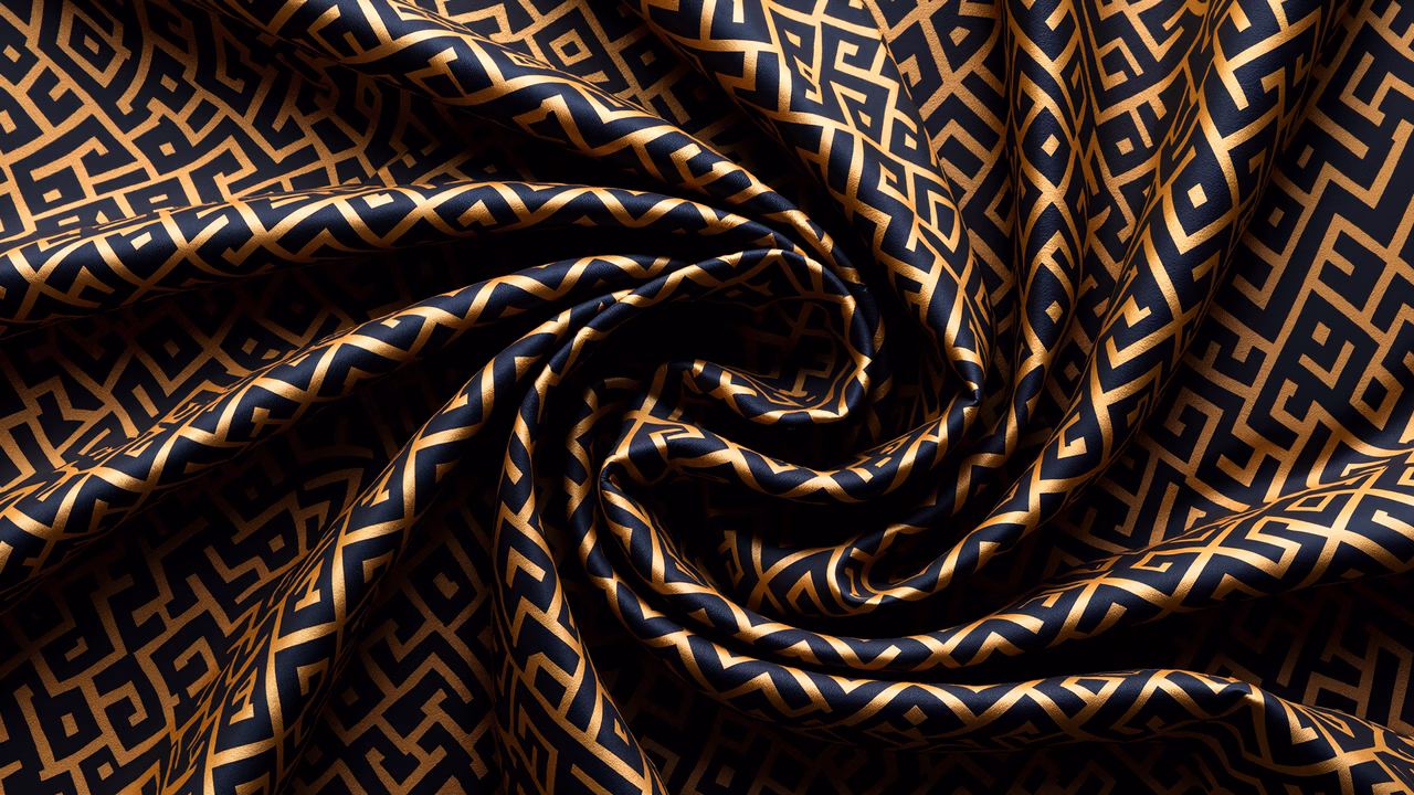 Luxurious golden maze pattern on navy blue textile.
