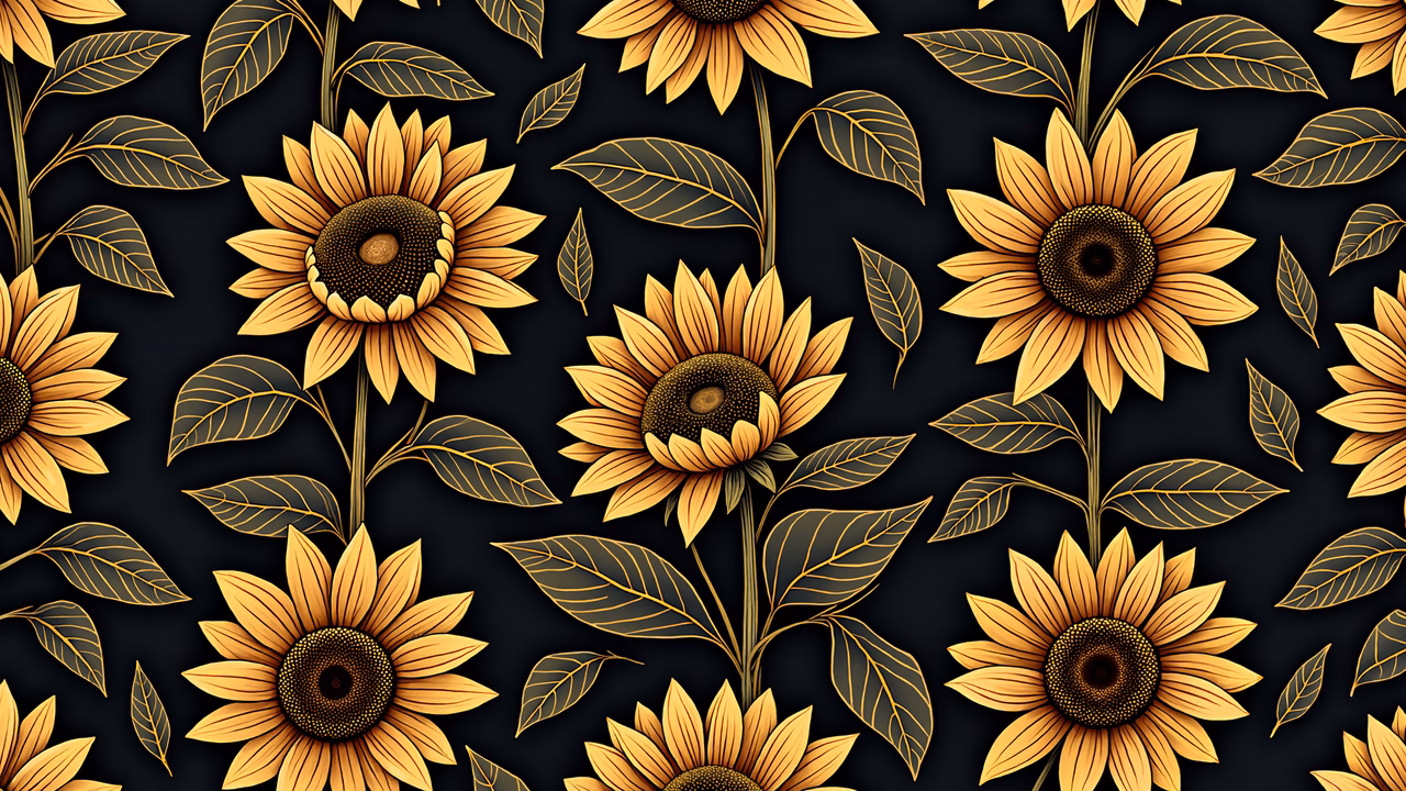 Vibrant golden sunflowers on a black background, floral art illustration.