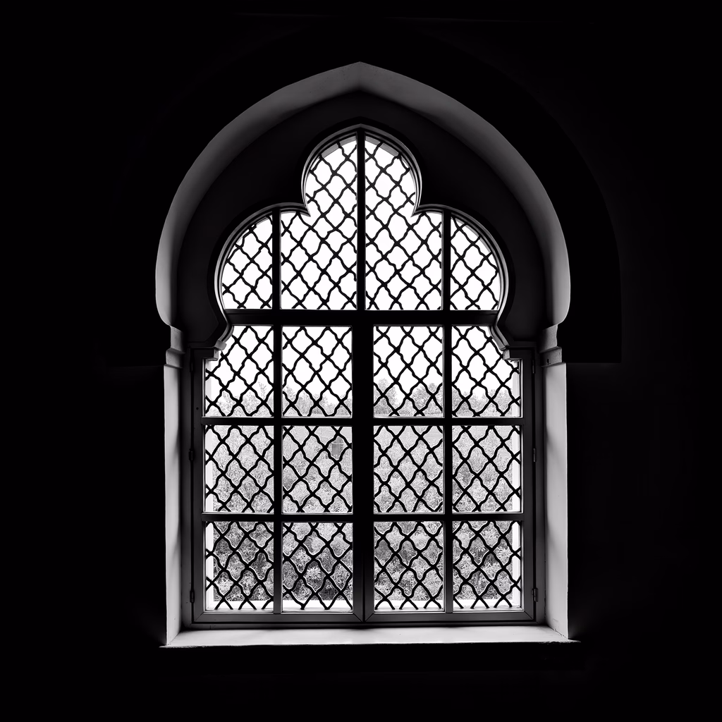 A striking black-and-white image of a Gothic window, highlighting its intricate lattice design and dramatic lighting.