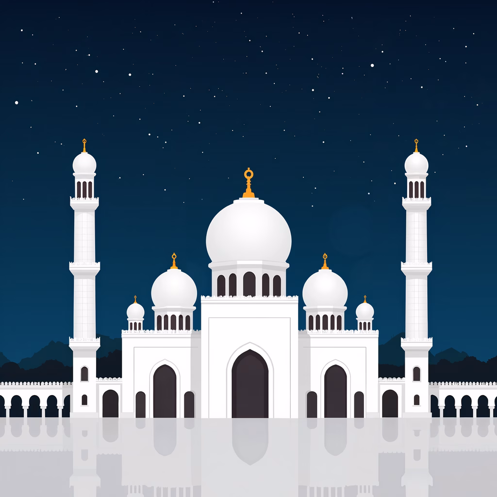Grand mosque illuminated by starlight, architectural beauty at night.