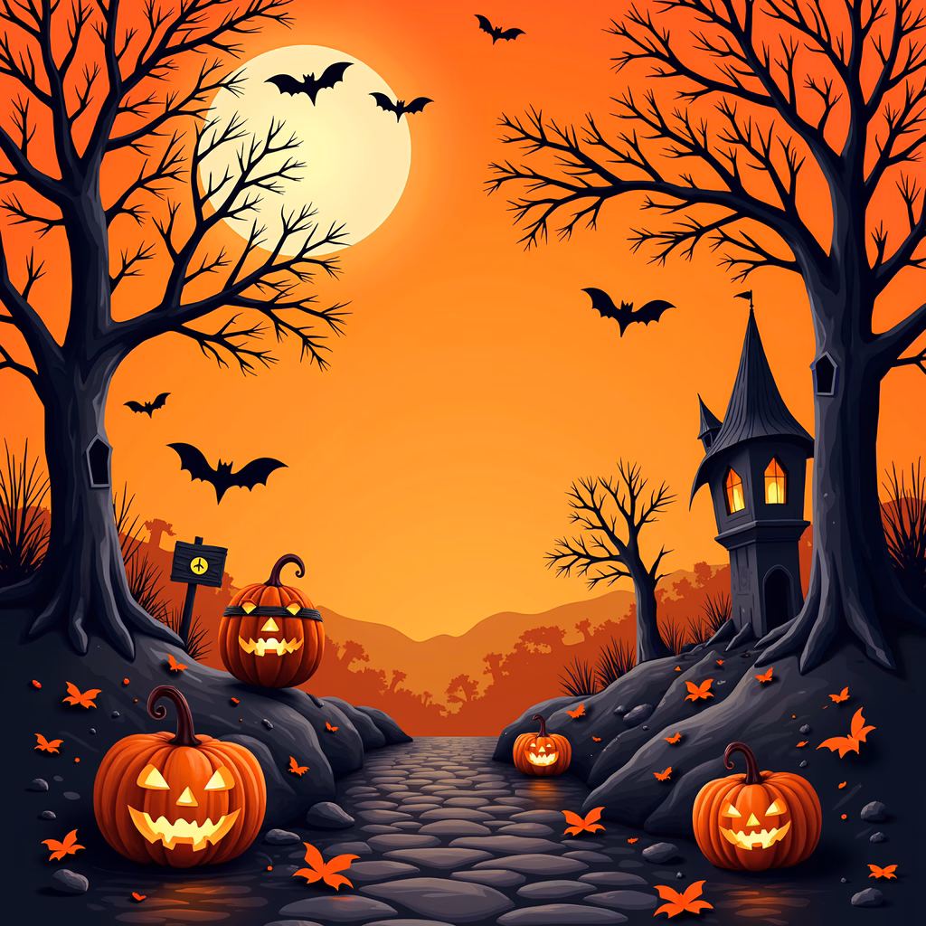 Spooky Halloween scene with glowing pumpkins and a haunted castle tower.