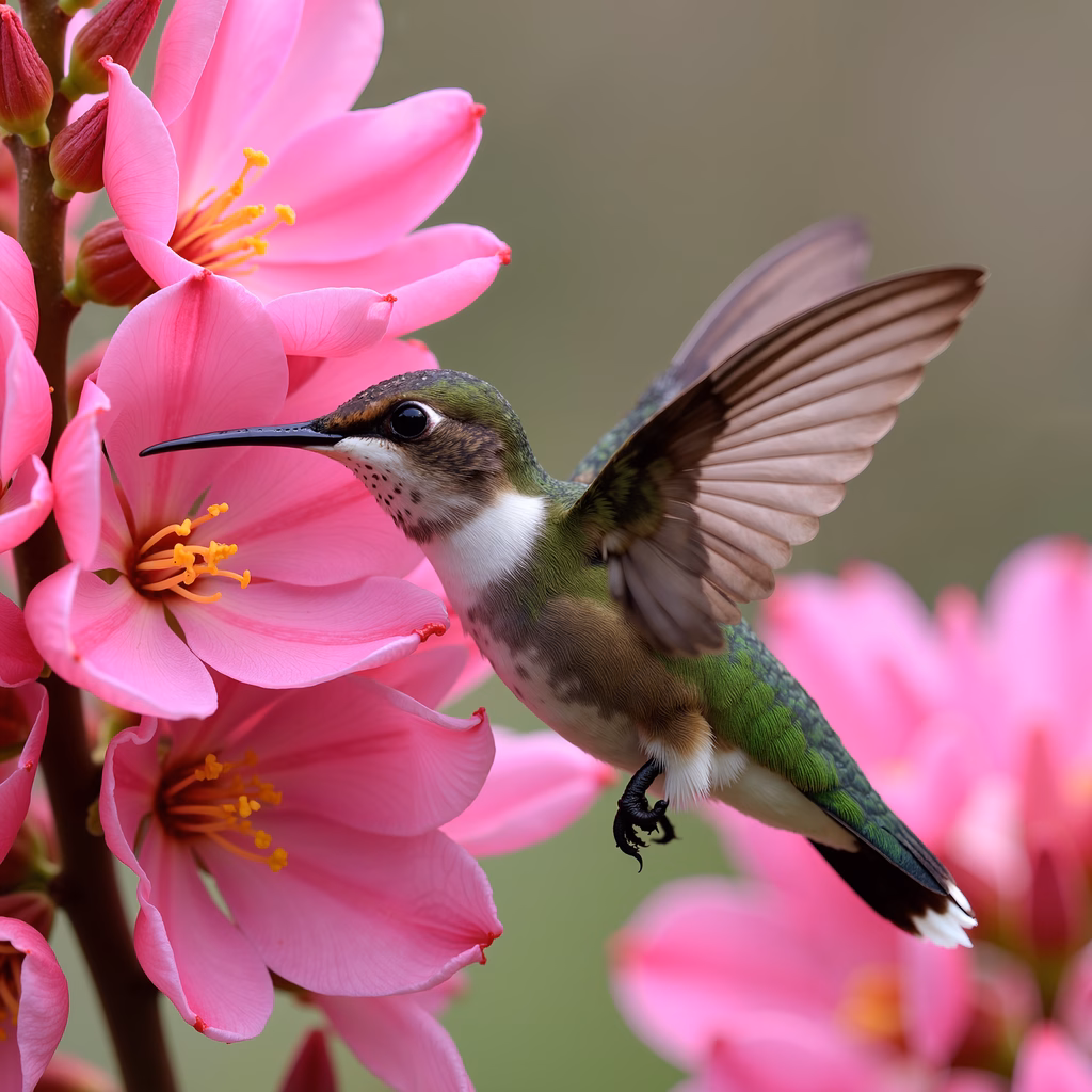 A hummingbird in flight amidst pink blossoms, showcasing nature's vibrant colors and delicate details.