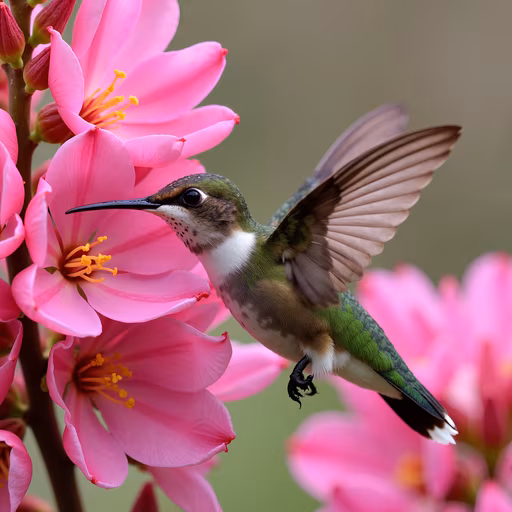 Hummingbird Among Pink Blossoms