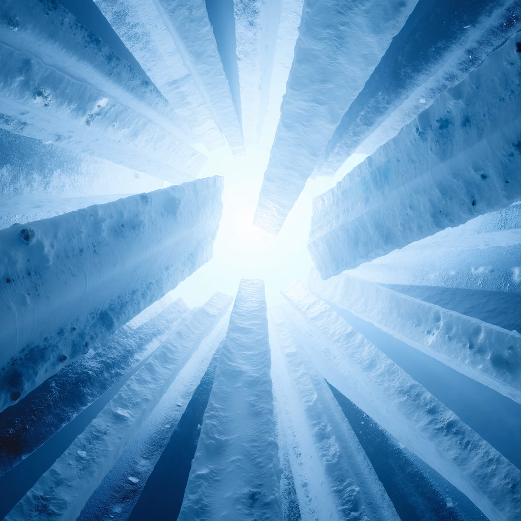 A stunning ice cathedral captured in cool blue tones, evoking a sense of serenity and wonder.