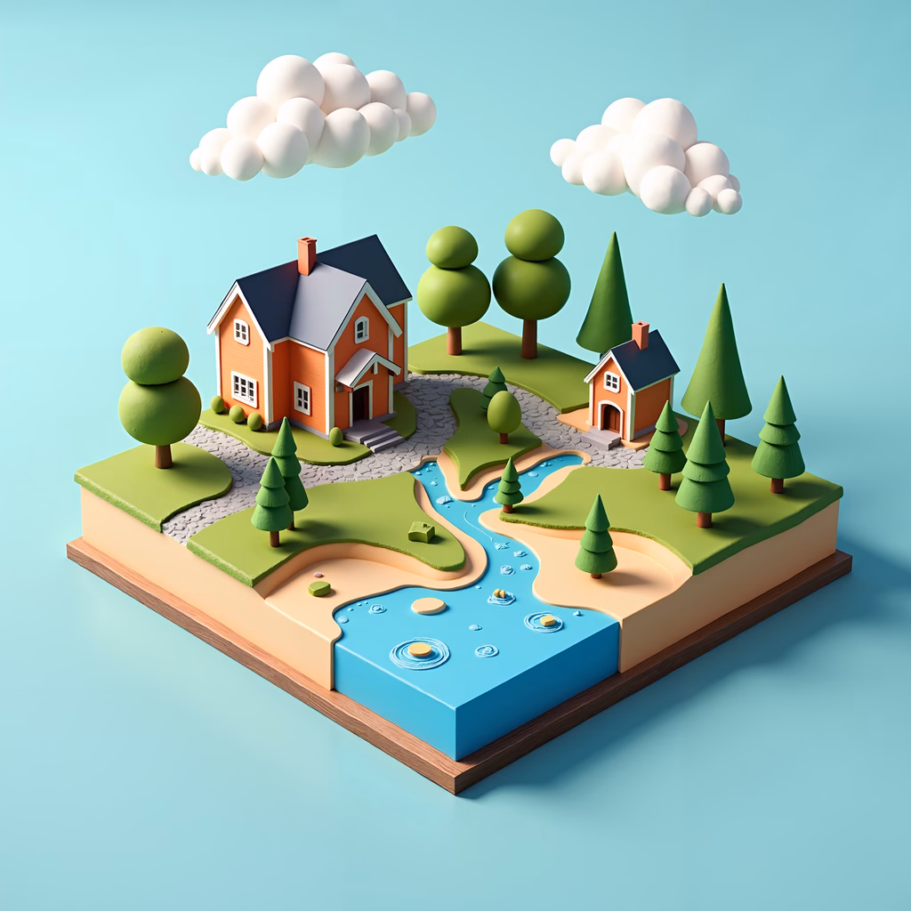 A charming 3D illustration of a peaceful countryside with houses and trees in soft pastels.
