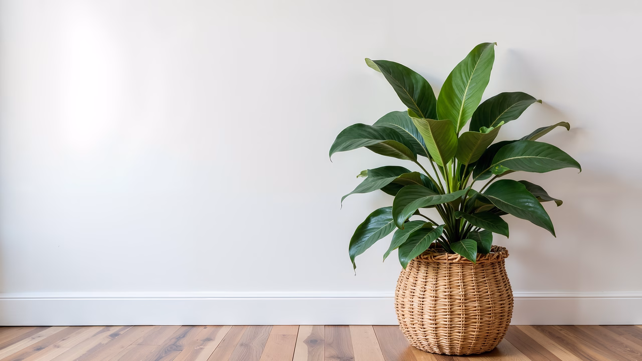 A serene indoor plant in a wicker basket, enhancing a minimalist interior design.