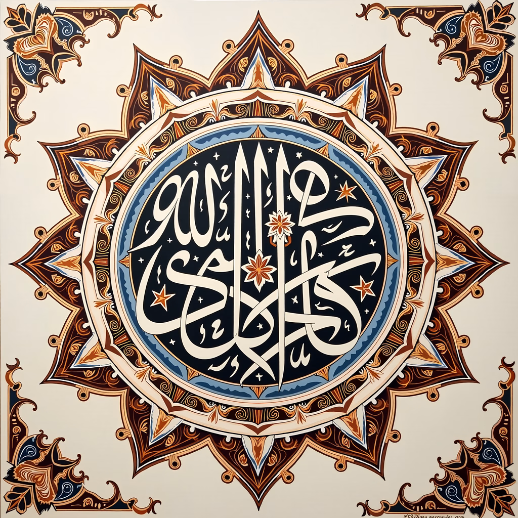 Elegant Islamic calligraphy surrounded by intricate floral and geometric patterns.